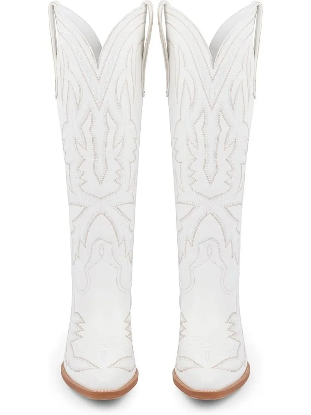 Women's White Knee High Boots Embroidered Pull on Pointed Toe Chunky Heel